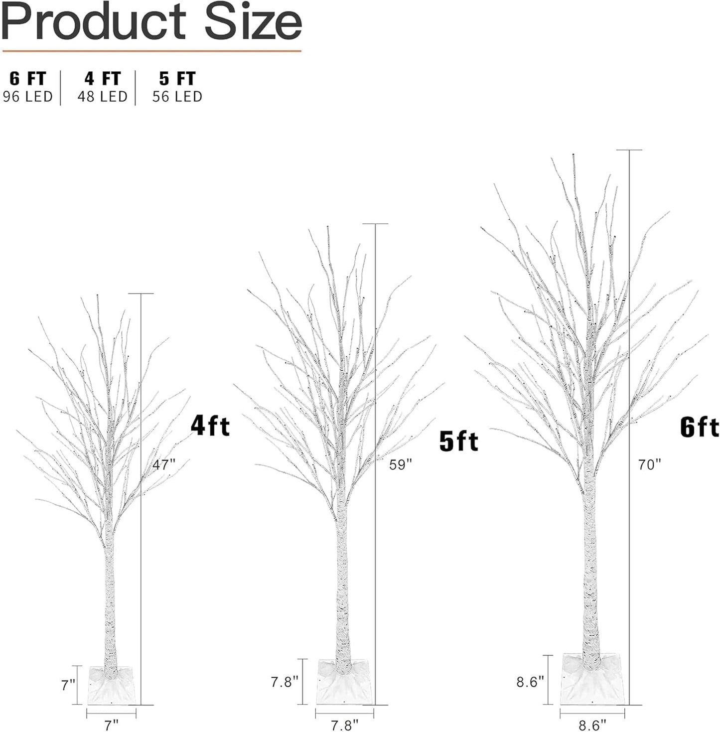 3 Pieces Pre-Lit Christmas Trees LED Lighted Tree Lamp Halloween Birch Tree Combo Kit, 4Ft 5Ft 6Ft Thanksgiving Decoration Birch Tree for Home, Festival, Party, Wedding, Party, Warm White