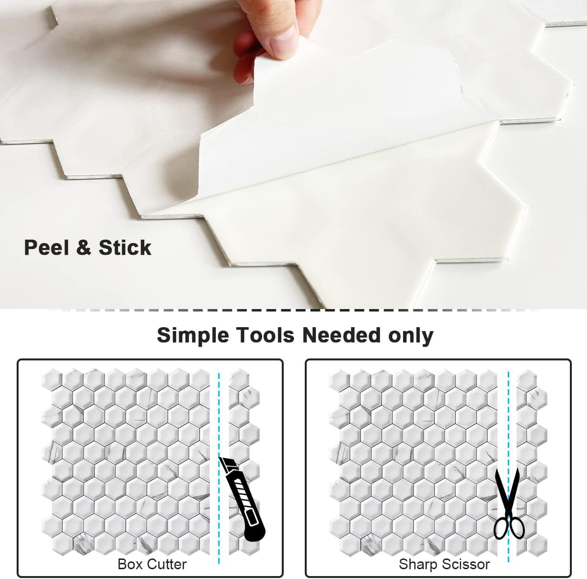 Peel and Stick Backsplash Kitchen, Peel and Stick Tile Hexagon Marble Stick Tiles for Bathroom Wall(10Sheets,White Marble)