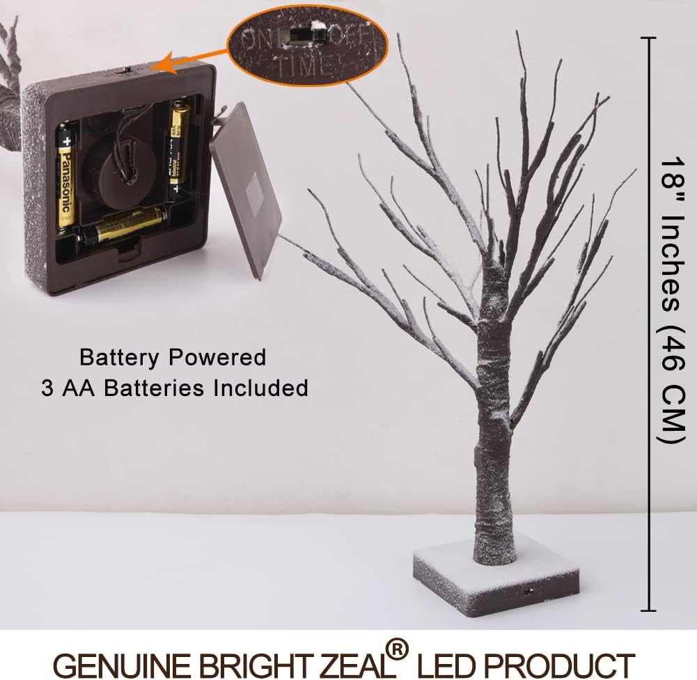 2-Pack 18" Tall Lighted Birch Tree with Faux Snow and 24 Warm White LED Bulbs - LED Birch Tree Light up Tabletop Decor - Decorative Table Top White Birch Tree Snow Tree Decor