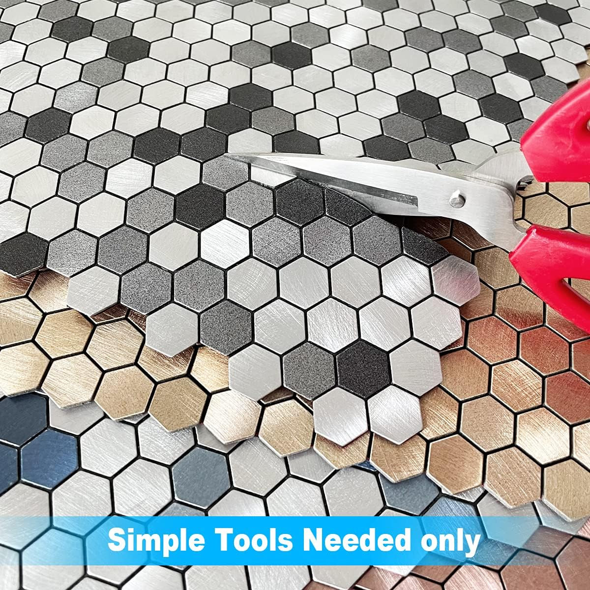 Peel and Stick Backsplash Kitchen Tiles,Stick on Backsplash Peel and Stick Mosaic Tiles Penny Hexagon Backsplash Small Tiles Metal Backsplash(5Pcs,Gold Champagne)